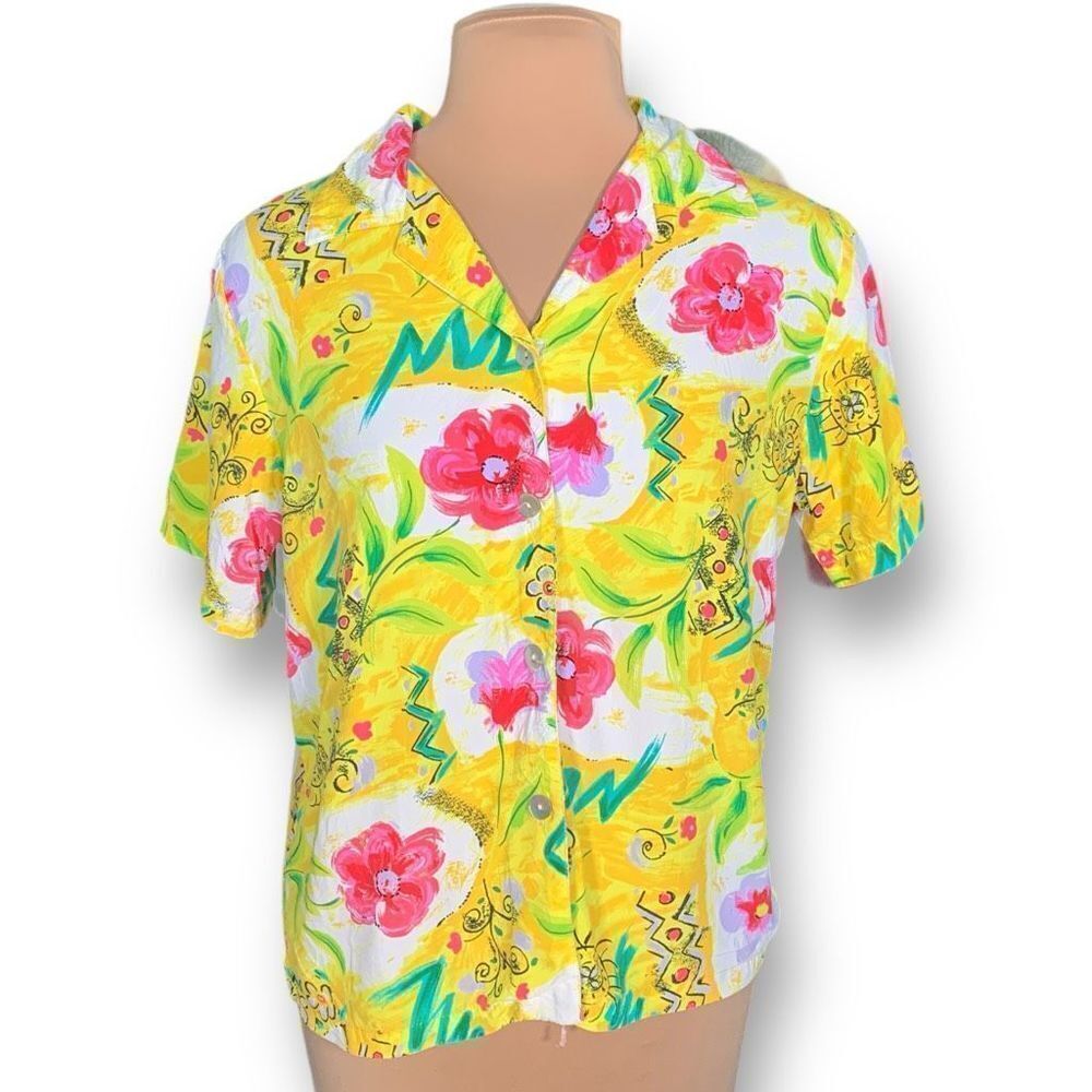 Vintage Signature Of Hawaii Shirt Yellow Floral Camp Collar Short Sleeve Top
